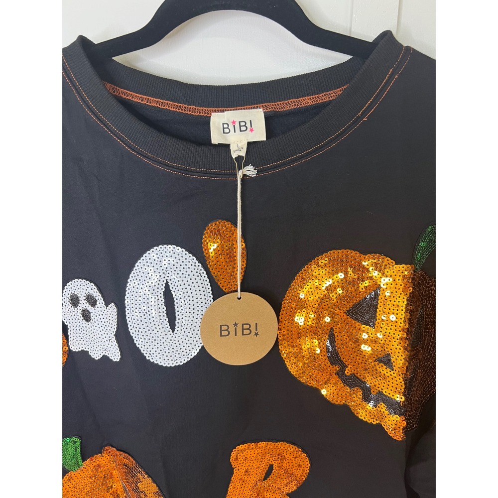 BIBI Womens Halloween Sequin Boo Pumpkin Ghost Sweatshirt Black Large New - Picture 5 of 13